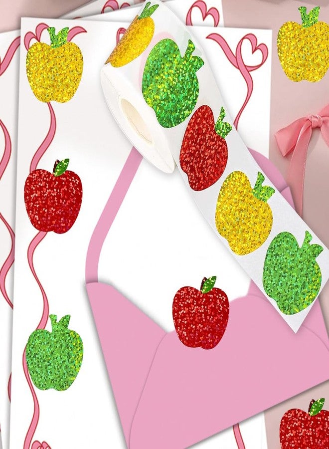RUPOFUZA 500Pcs Back to School Apples Stickers Roll 1.5in Laser Apples Sparkly 3 Colors Holographic Waterproof Decals Self-Adhesive Stickers for Envelope Scrapbook Decor First Day of School Party Supplies - Image 2